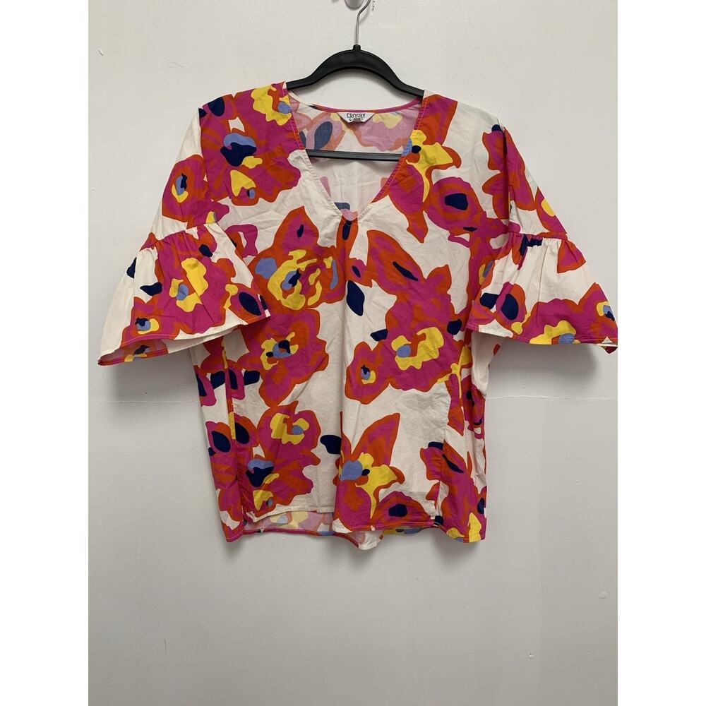 Crosby By Mollie Burch Colorful Satin Stretch Floral Blouse Top Size Medium